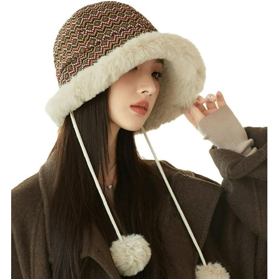 YooGuoGuo Ethnic Pattern Bucket Hats for Women with Drawstring Fuzzy Winter Hats Ear Flap Beanies Cap Windproof Skull Cap