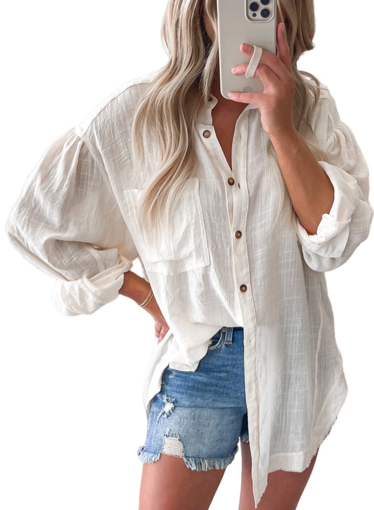 SHEWIN Womens Beige Button Down Shirts Casual V Neck Work Blouses 3/4