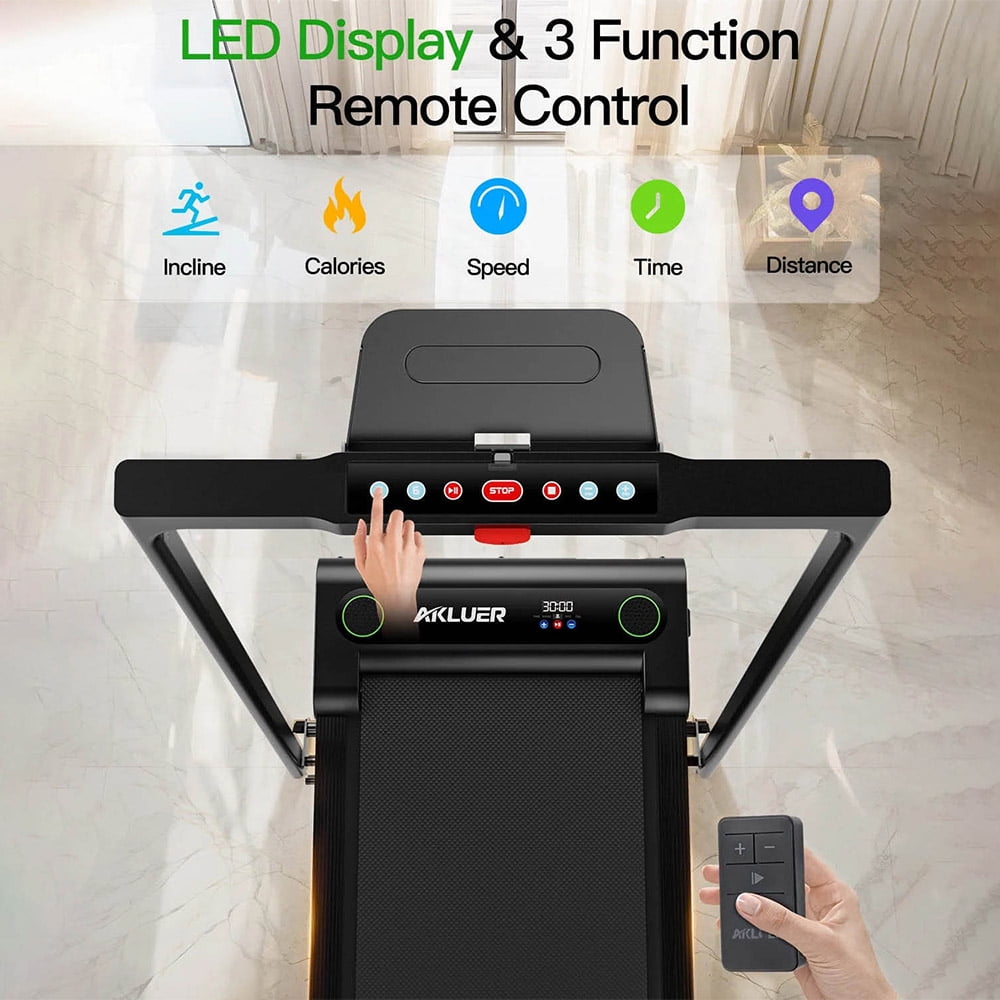 Akluer Incline Walking Pad with Handle for Home Office, 2.5HP Under Desk Treadmill, LED Screen & Remote Control, 330lbs Max Capacity, Easy Assembly，Foldable Space Save Design，480L-B