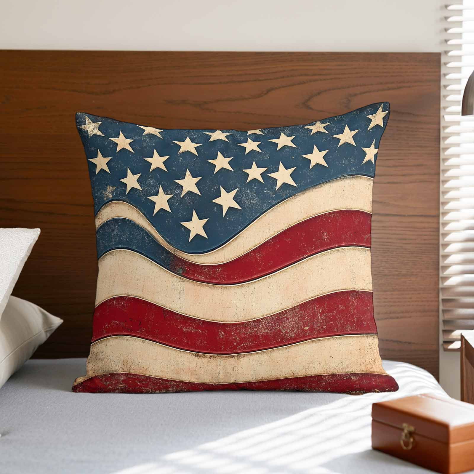 Pillow Covers 26x26 Inch, Vintage American Flag Linen Pillowcase with Invisible Zipper, Blue Red White Star US Flag Decorative Throw Pillow Covers Cushion Case for Couch Sofa Bed Living Room