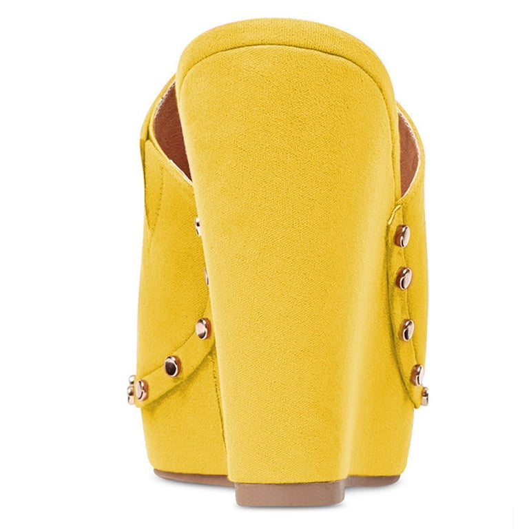 YDN Women Comfy Open Toe Studded Slide Sandals High Wedge Heels