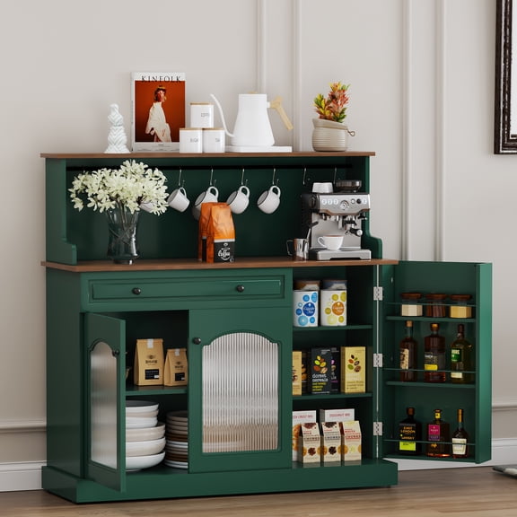 CBJCBJ 48" Modern Wood Kitchen Pantry Cabinet, Coffee Bar with Drawer & Microwave Stand, Dining Room,Green