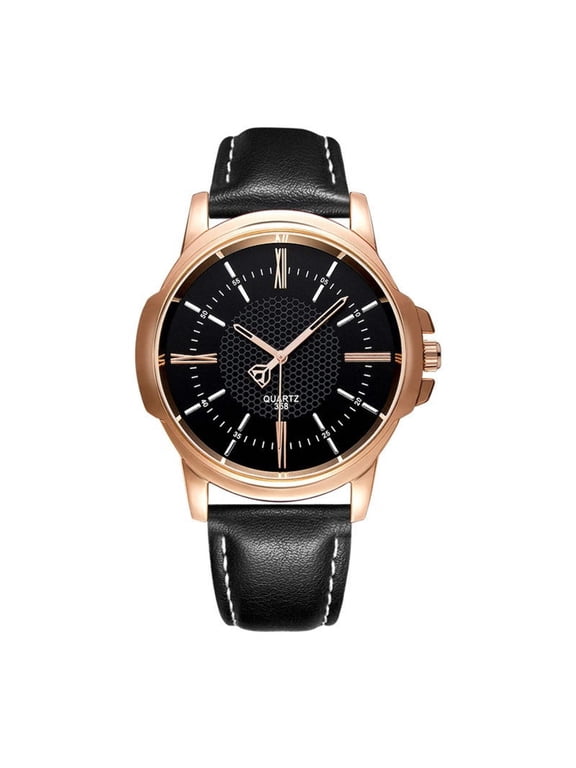 Luxury Presidential Watch Black Face Leather Band Stainless Steel Gold Color #11