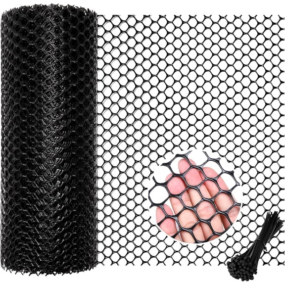 Troxlin Plastic Wire Mesh Fence Roll, 15.7IN x 26.3FT Plastic Chicken Wire Mesh, Balcony Garden Floral Netting Fencing Barrier for for Crafts, Poultry, Garden,Black(100 tie straps)