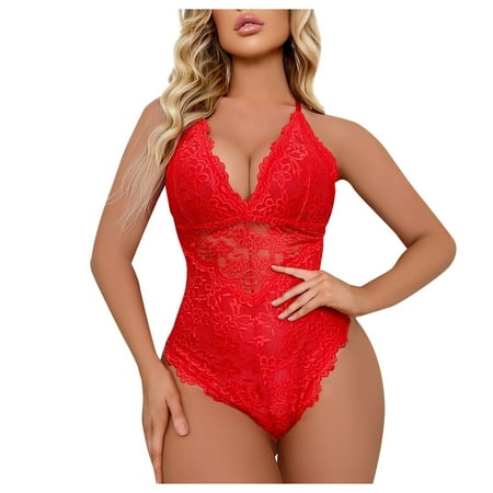 

RPVATI Women s Sexy Lace Lingerie Babydoll One Piece Halter Bodysuit