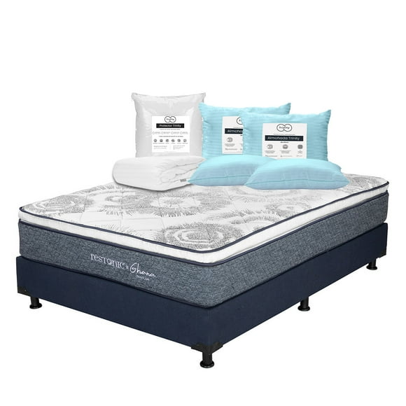 Colchón Queen Size Ghana Restonic + Box + 2 Almohadas Trinity + Protector de Colchón Trinity