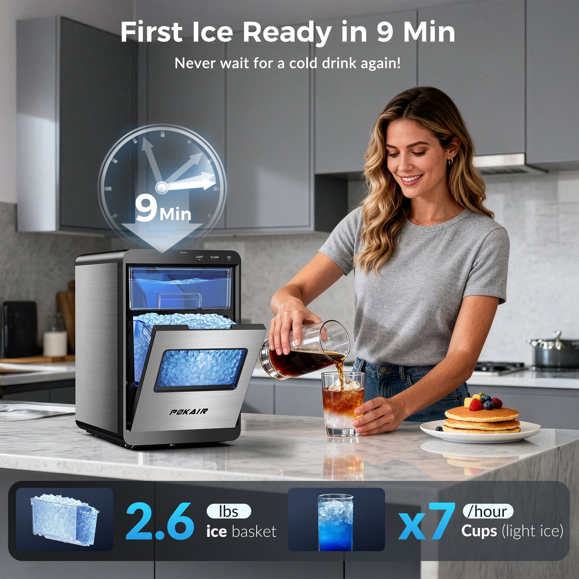 POKAIR Countertop Nugget Ice Maker for Fresh Chewable Ice, 44 lbs/Day Pebble Ice Machine, 9-Min Ice, Self-Cleaning, ETL, Brushed Stainless Steel