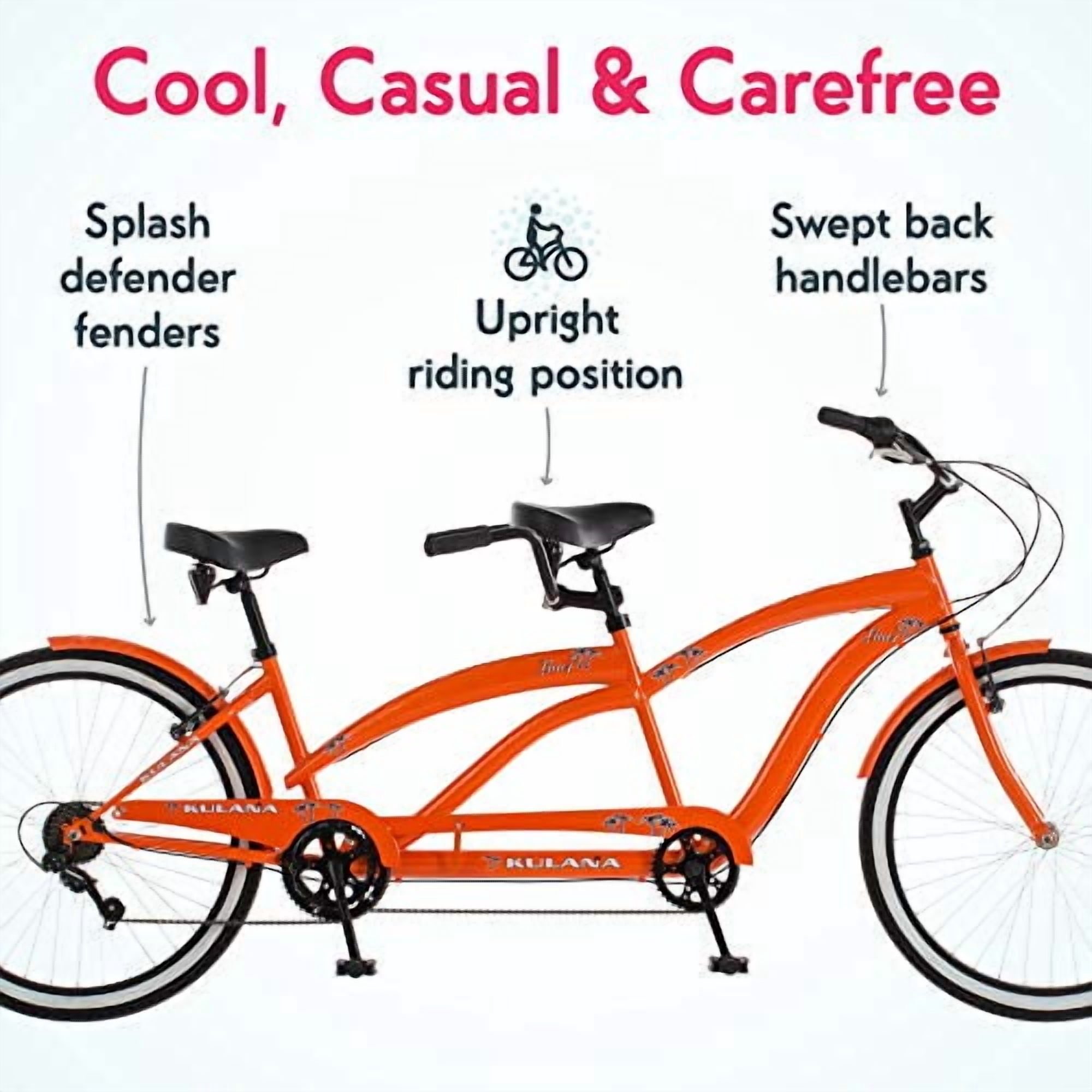 Kulana Lua Tandem Adult Beach Cruiser Bike, 26-Inch Wheels, 7-Speed, Orange