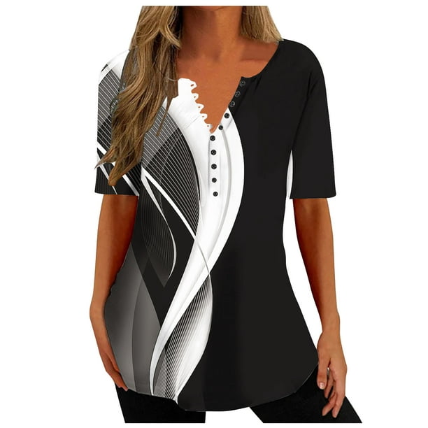 DPTALR Women's V-neck Print Casual Loose Short Sleeve Top Short Sleeve ...