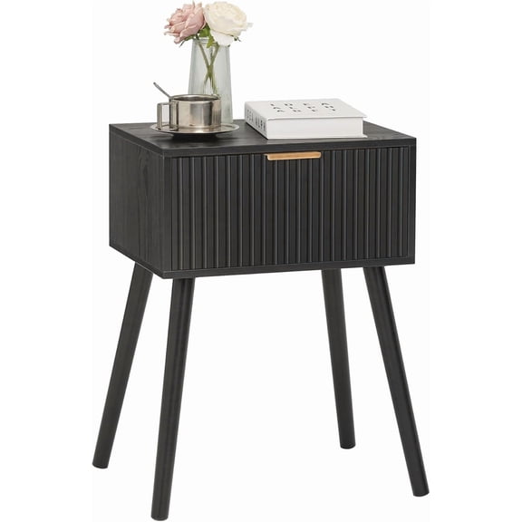 Black Nightstand, Small Fluted End Table with Storage, Bedside Table | Modern Accent Table with Fluted Drawer and Solid Wood Legs for Living Room, Bedroom and Small Space, Black