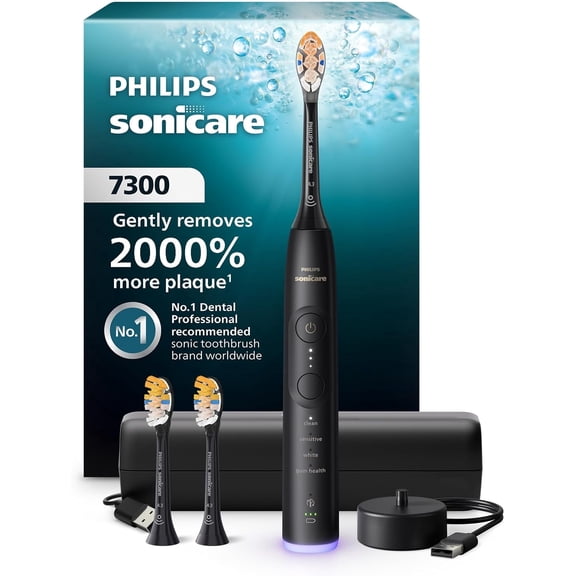 Philips Sonicare 7300 Rechargeable Electric Toothbrush, 3 Brush Head, Black 2000% More Plaque Removal Visual Pressure Sensor, 12 Brush Settings, 21-Day Battery, HX7421/07