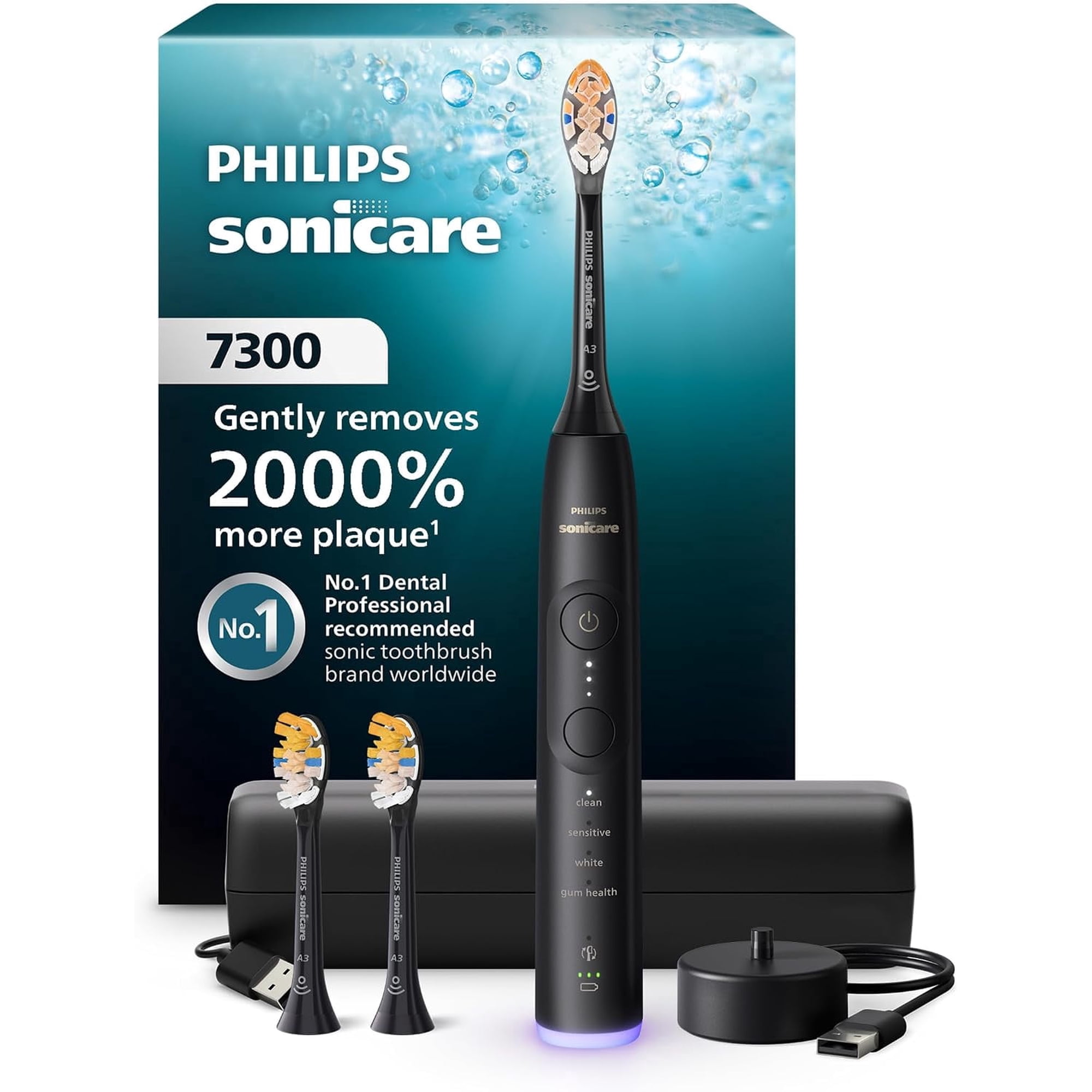 Philips Sonicare 7300 Rechargeable Electric Toothbrush, 3 Brush Head, Black 2000% More Plaque Removal Visual Pressure Sensor, 12 Brush Settings, 21-Day Battery, HX7421/07