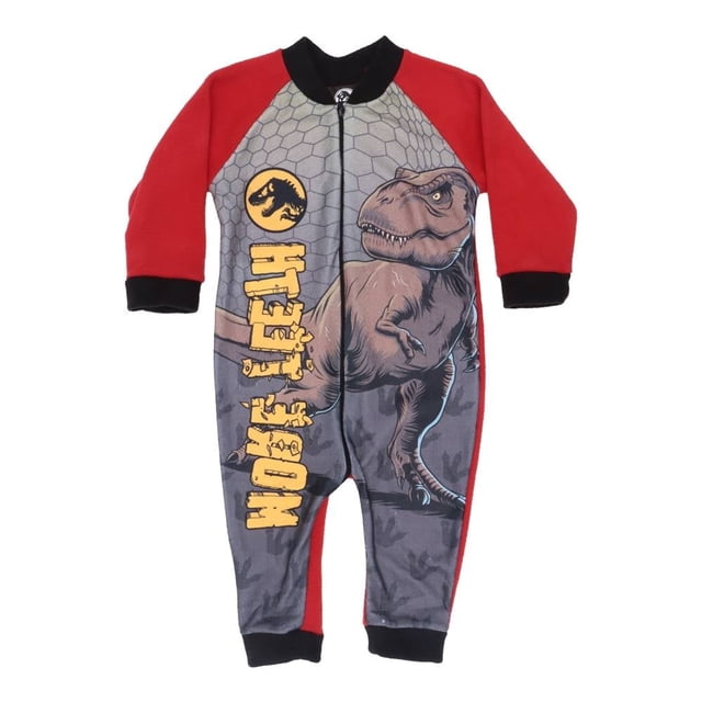 mameluco universal jurassic world niño 2 jurassic world puños y tobillos con elástico rojo mameluco infantil rojo y gris, vista frontal centrada con cremallera, gran estampado de Tyrannosaurus rex y logo Jurassic World en el torso, patrón de escamas en el fondo, mangas y laterales rojos, puños y tobillos elásticos negros, textura de punto suave visible.