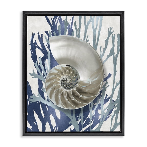 Stupell Industries Glam Shell Coral Beach Blue Black Floating Frame Canvas Art, 17 x 21, by Caroline Kelly