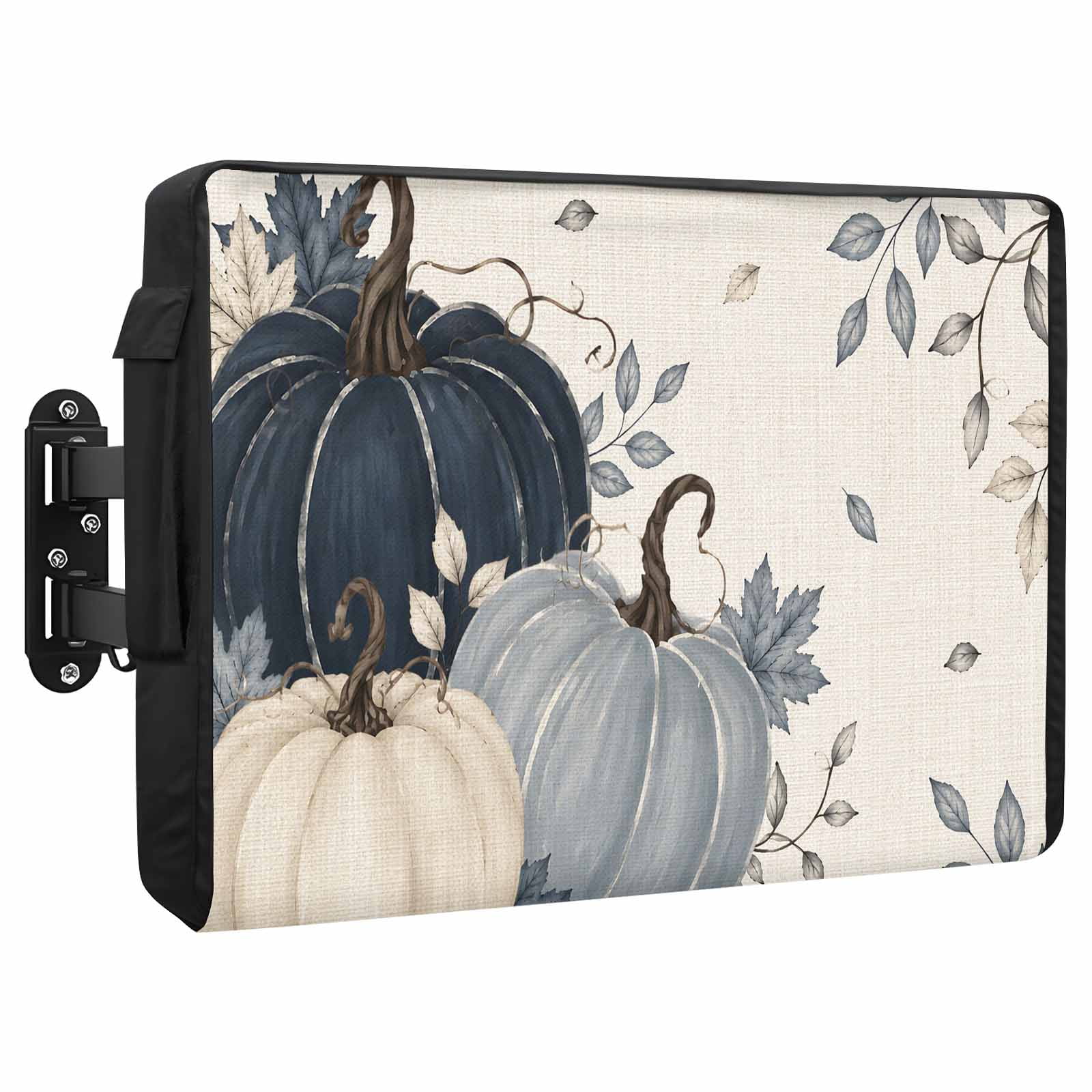 Thanksgiving Waterproof Outdoor TV Cover Fall Retro Dark Blue White Pumpkin Leaf Linen Texture Outside Weatherproof TV Enclosures for 30 to 32 Inch LCD Television Shield Flat Screen Protectors