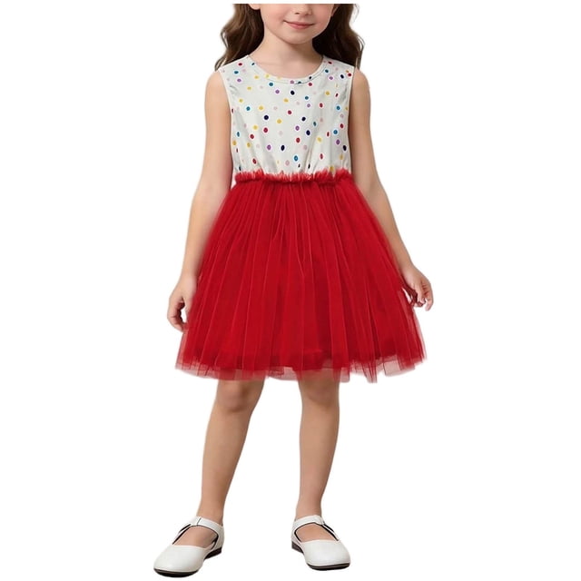 EGNMCR Robe Sans Manches à Col Rond pour Filles, Robe Imprimée à Col Rond Sans Manches en Tulle, Robe d'Été Décontractée pour l'Extérieur, Robe en Polyester pour Fille