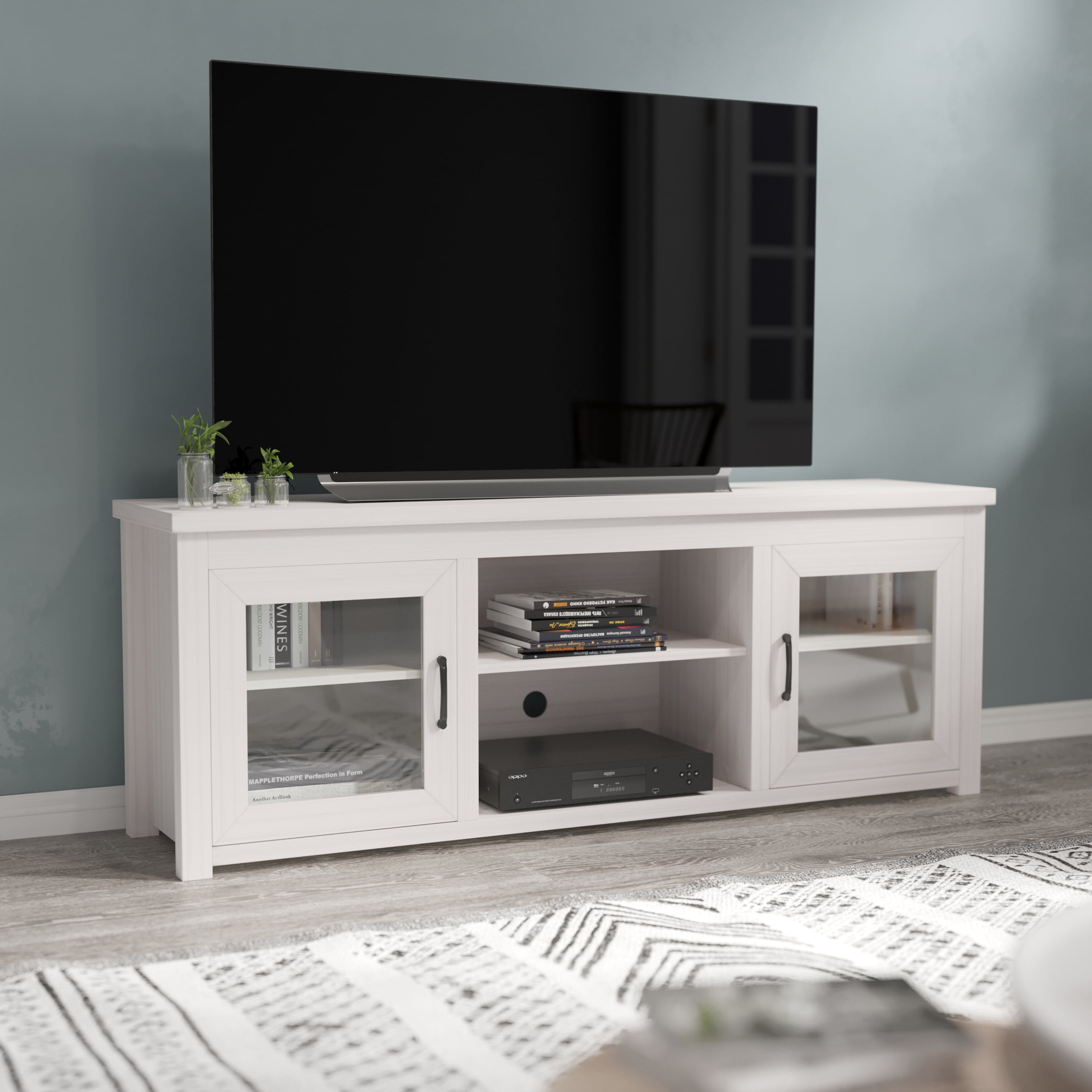 BizChair Classic TV Stand up to 80" TVs - Modern White Wash Finish with Full Glass Doors - 65" Engineered Wood Frame - 3 Shelves