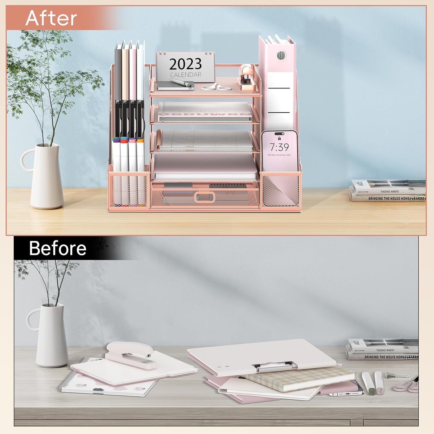 INTIGE 5-Tier Mesh Desk Organizer with File Holder, Paper Letter Tray Organizer with Magazine Holder, Rose Gold