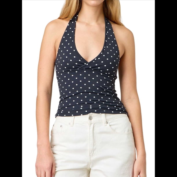 Tops Halter para Mujer, de Verano, con Escote en V Profundo, Sin Mangas, Color Negro, para Salir, Ropa Y2K Negro M