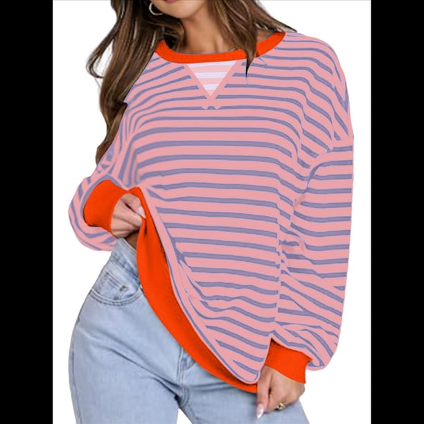 Sudaderas A Rayas para Mujer, Camisetas de Larga con Cuello Redondo de Gran Tamaño, Jersey Y2K, Ropa de Moda de Otoño Amarillo Anaranjado L