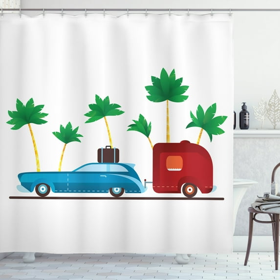 Happy Camper Shower Curtain, Colorful Travel Cartoon Tropical Palm Trees with Retro Vehicle and Suitcase, Fabric Bathroom Set with Hooks, 69W X 75L Inches Long, Multicolor, by Ambesonne