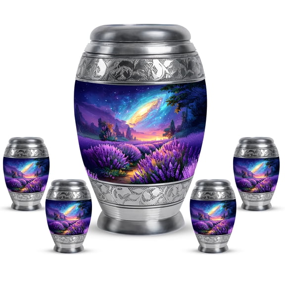 JAGASY Lavender Grass Galaxy Urns for Grandmother - 10 Inch Blue Adult Urn for Human Ashes Grandfather - 3 Inch Little Memorial Urns for Loved Ones - Keesapek Funeral Urn (1 Large, 4 Tiny)