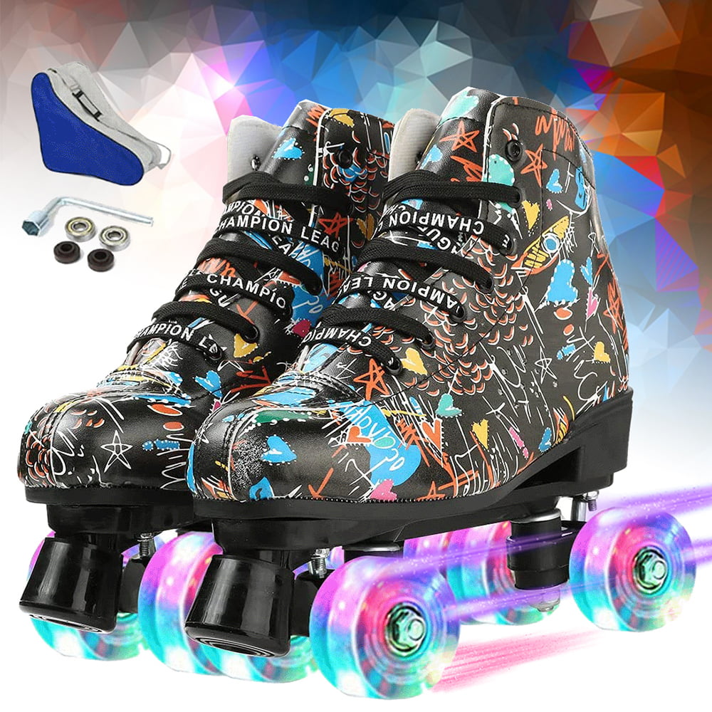 Gets Womens Roller Skates Artificial Leather Adjustable Double Row 4 Wheels Roller Skates Shiny Skates Perfect Indoor Outdoor Adult Roller Skates with Bag 