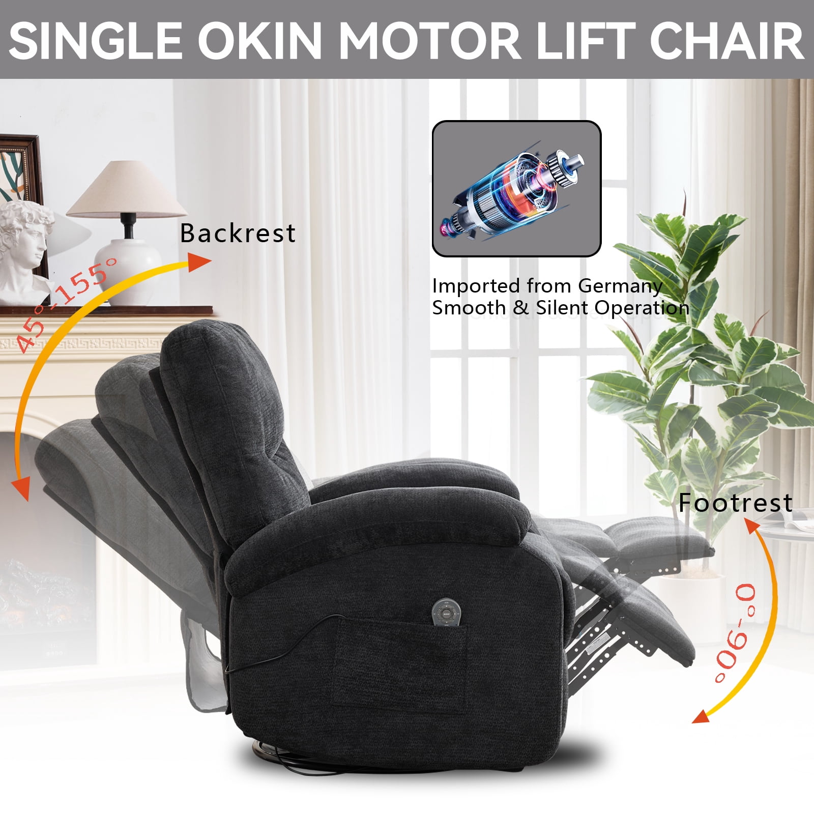 Miniyam 360° Swivel Rocking Recliner Chair with Massage and Heat, Black Chenille with Side Pocket and Footrest