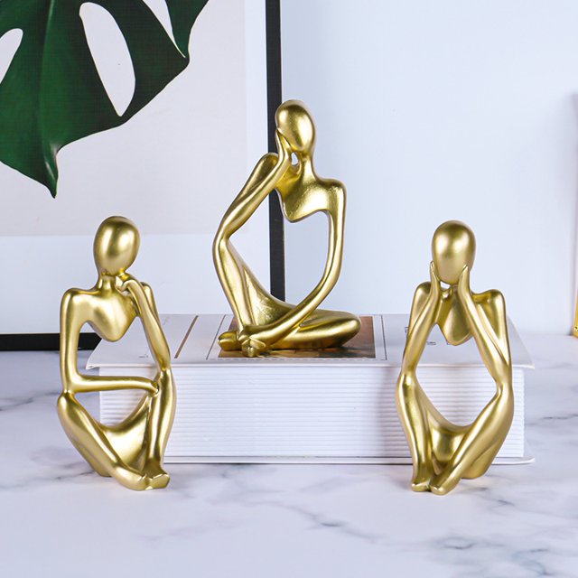 Estatua de pensador de decoración dorada, escultura de arte abstracto, juego de 3 figuras coleccionables de resina dorada para el hogar, sala de estar, decoración de estantes de oficina