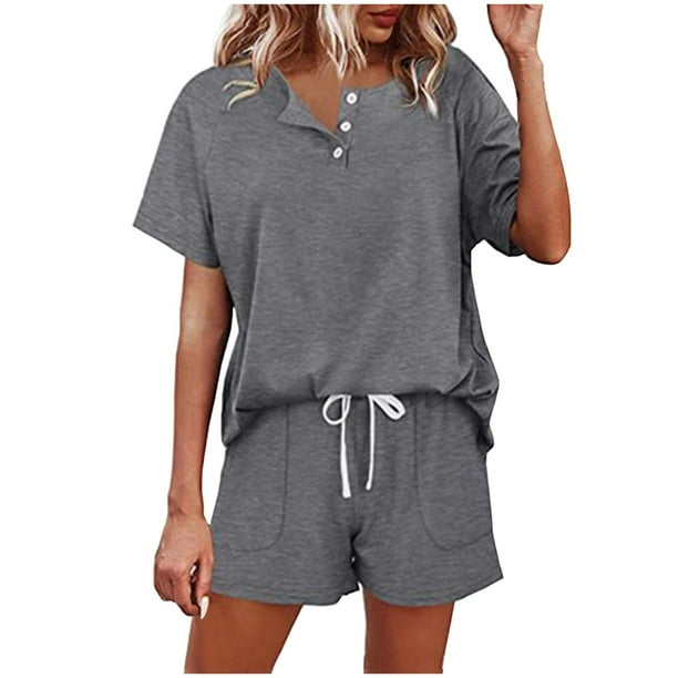 Conjunto informal de pantalones cortos de manga corta para mujer: cordón con botones, cintura elástica, ropa deportiva