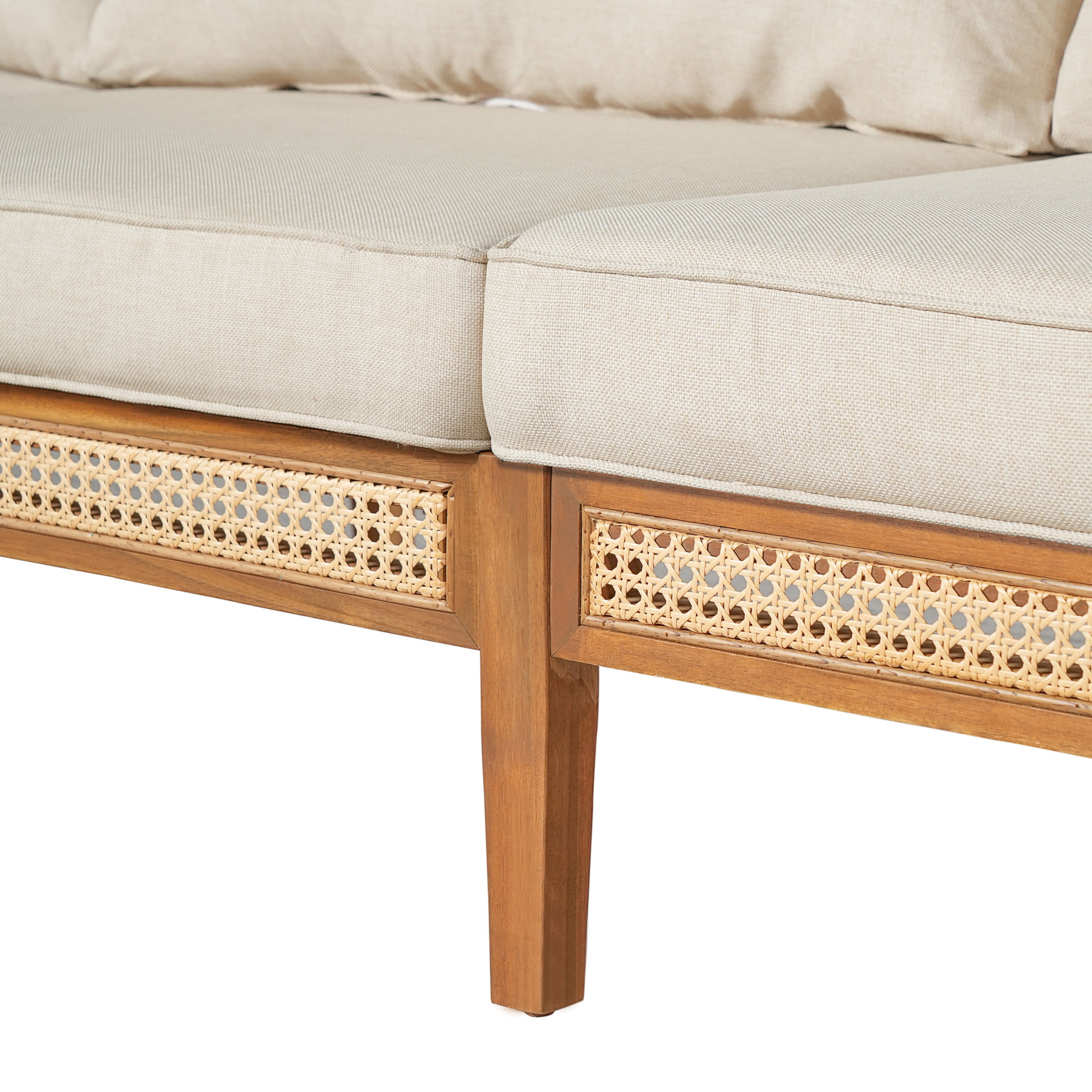Christopher Knight Home Outdoor 3 Seater Sofa with Wicker, Beige Cushions, Teak