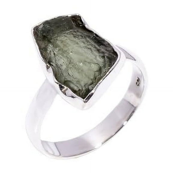 Natural Green Raw Moldavite Gemstone 925 Sterling Silver Ring Jewelry Gift for Her