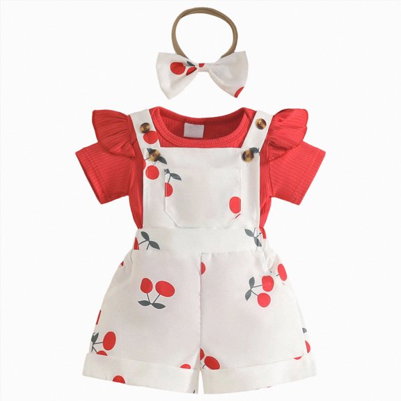 Sopiago Newborn Baby Girl Clothes Infant Romper Floral Suspender Shorts Ruffle Sleeve 2PCS Onesie Outfit Jumpsuit Summer Autumn(Red,12-18 Months)