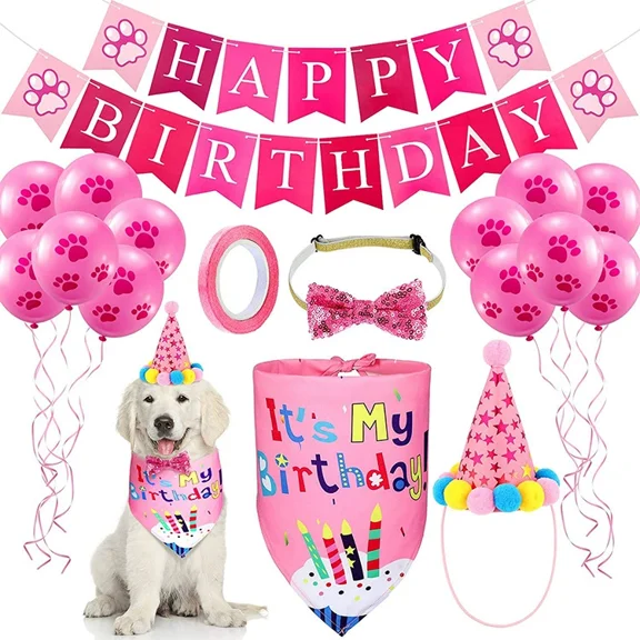Dog Birthday Party Set, 6 pack,Birthday Hat, Dog Paw Balloons,Bib & Hat, Pink