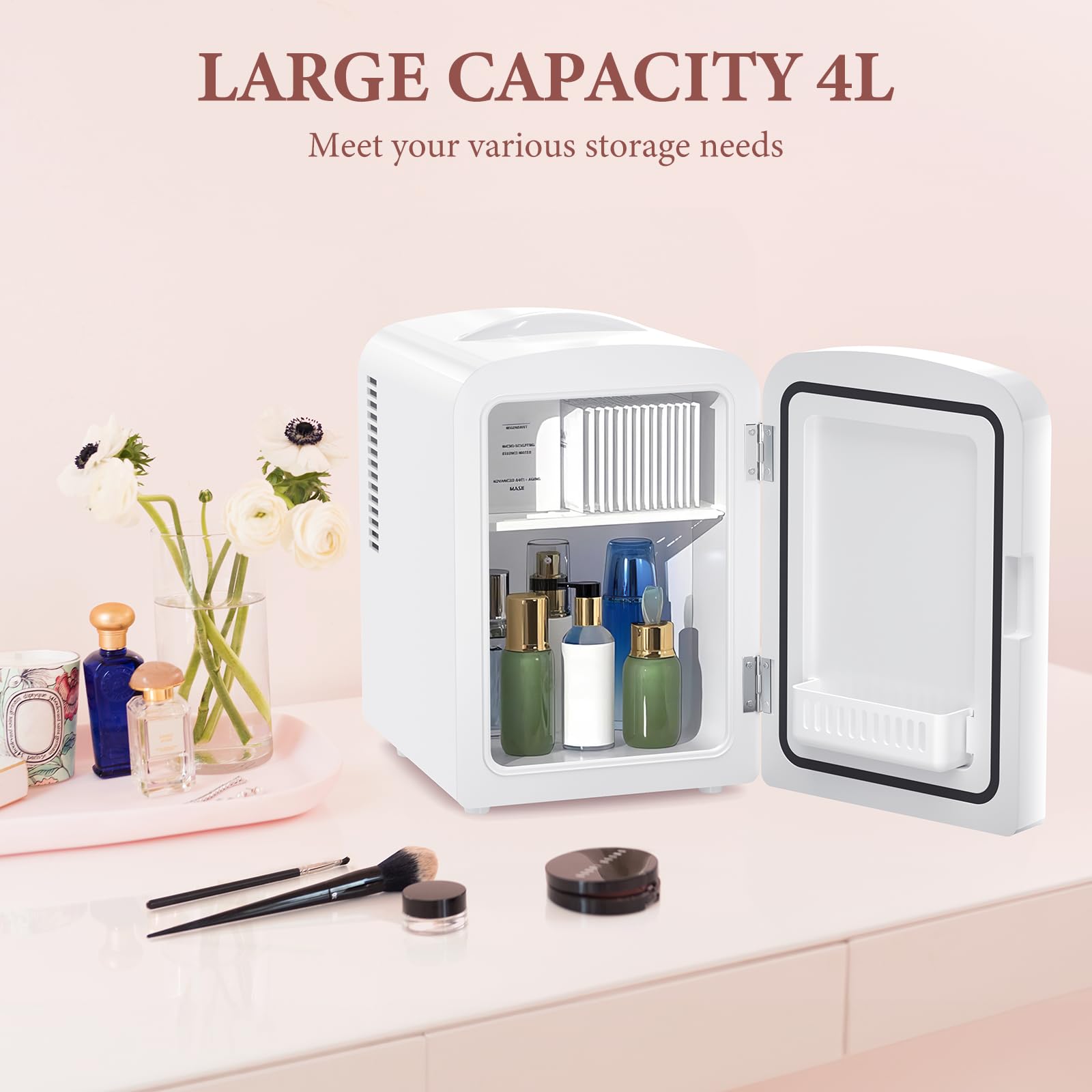 LHRIVER Mini Cooler with LED Mirror & Light, 4L Skincare Fridge, for Home Outlet & DC Charger