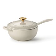 Tramontina Bestow 3-Quart Enameled Cast Iron Saucier with Lid, Latte with Gold Knob, Oven-Safe
