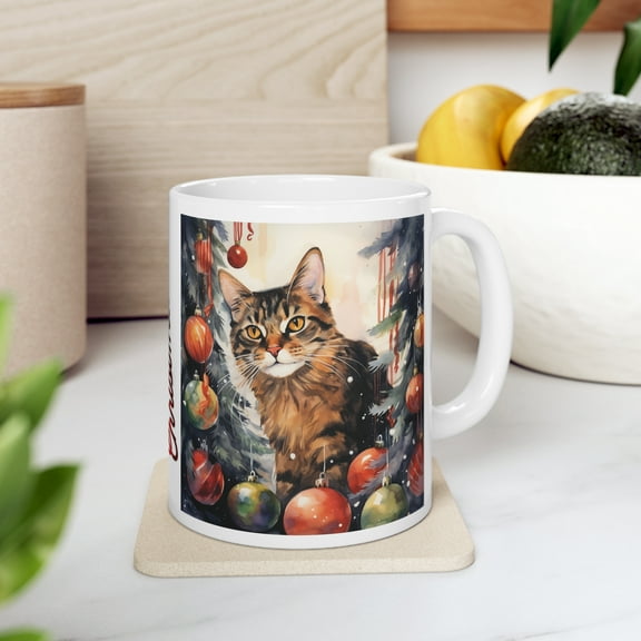 Cat Coffee Mug 11oz, Christmas Cat Lover Mug, Xmas Eve Tree Cat Mom Dad Mug