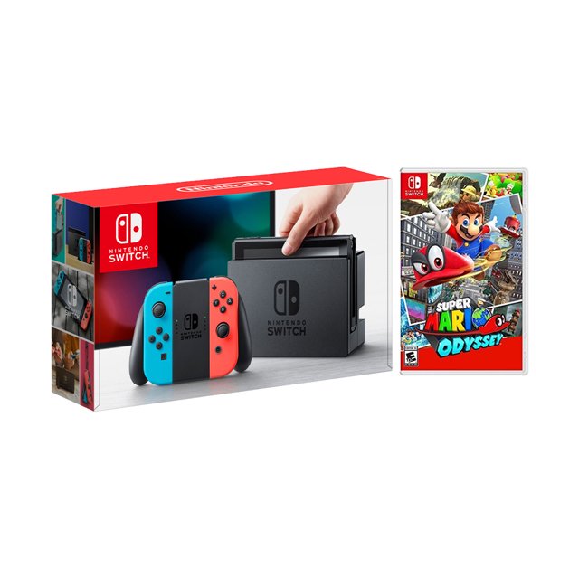 Nintendo Switch Red/Blue Joy-Con Console Bundle with Super Mario Odyssey NS Game Disc - 2019 Best Game!