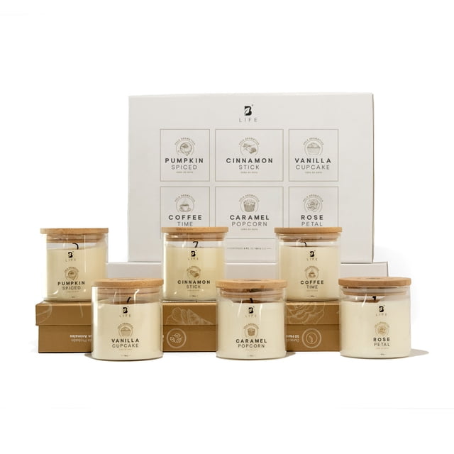 Kit 6 Velas De Soya | Pétalos De Rosa, Vainilla, Canela, Palomita Caramelizada, Café y Pumpkin Spice | Duración 32 Hrs | B Life.