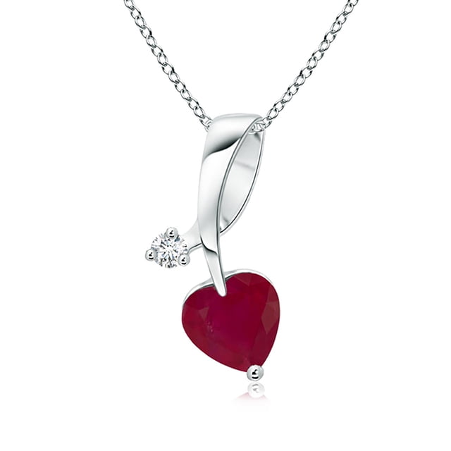 Angara Natural Ruby Necklace - Heart-Shaped Ruby Ribbon Pendant with Diamond in 14K White Gold for Women