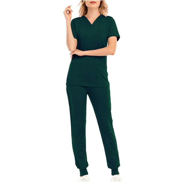 Prix Réduit, Ensemble d'Uniforme d'Infirmière pour Femmes, Pantalon Uni à Cordon, Blouse à Manches Courtes Col en V, Confortable pour Infirmières, Poches d'Accès Facile, Usage Hospitalier, Uniformes d'Infirmière