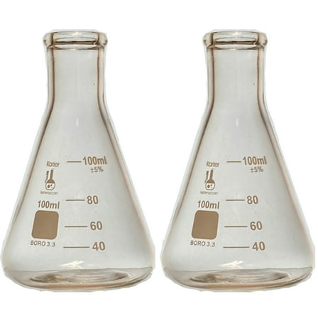 100ml Flask, Narrow Mouth Erlenmeyer, Borosilicate 3.3 Glass, Karter Scientific 250I23(Pack 2)
