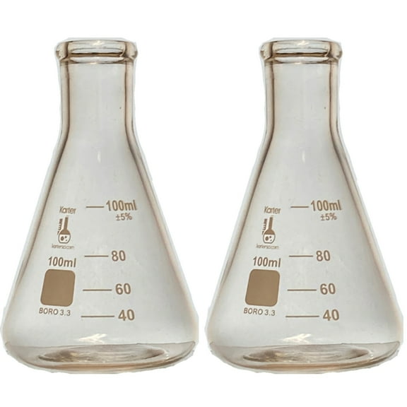 100ml Flask, Narrow Mouth Erlenmeyer, Borosilicate 3.3 Glass, Karter Scientific 250I23(Pack 2)