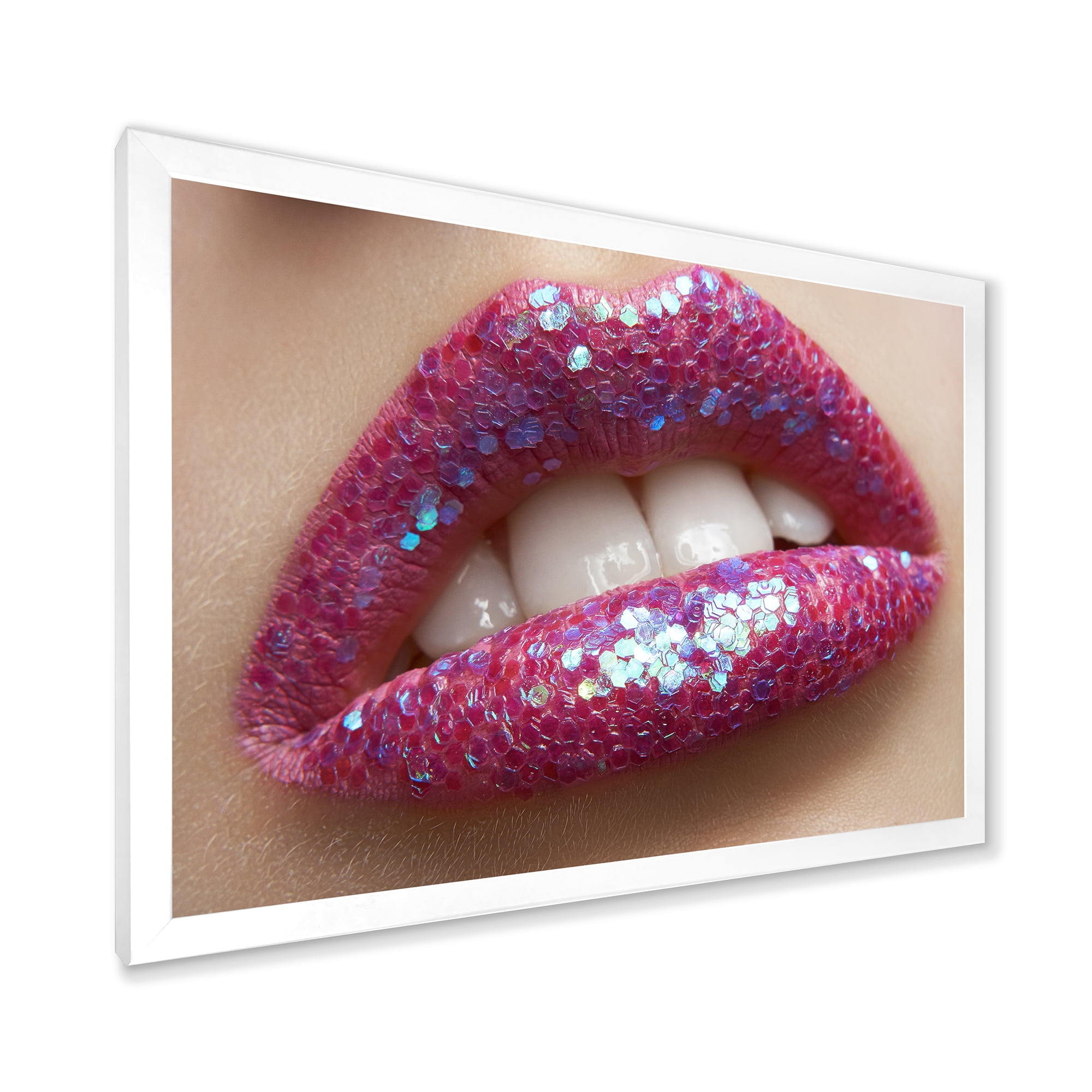 Designart 'Girl Lips Pink Lipstick and Sequins' Modern Framed Art Print