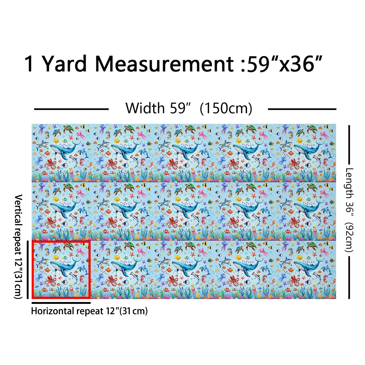 Manfei Cartoon Ocean Fish Fabric by the Yard (2 Yards), Whale Shark Dolphin Decorative Fabric by the Yard, Jellyfish Starfish Octupus DIY Fabric
