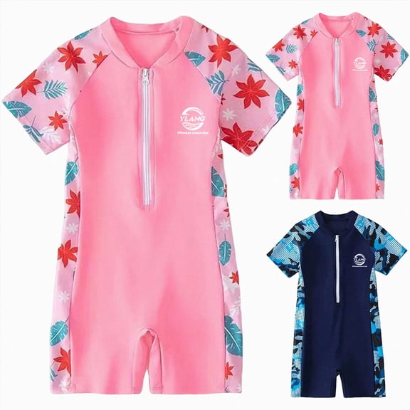 Xudanell Toddler Baby Girl One-One Piece Rash Guard Swimsuit with Zipper Short Sleeve Bathing Suit for Summer Beach Holiday (Pink, 7-8 Years)