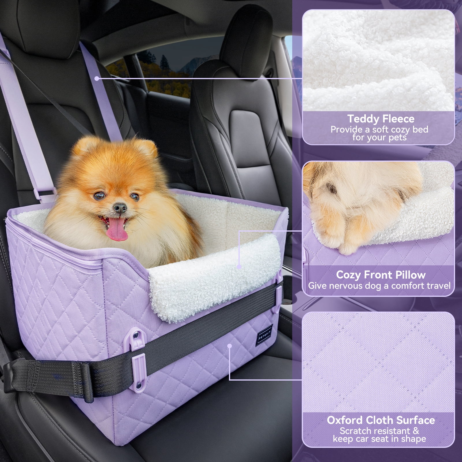 PETSFIT Small Dog Car Seat, Puppy Portable Dog Booster seat for Car with Clip-On Leash, Adjustable Straps Suitable for Small Pets Up to 25lbs (Lavender Purple)