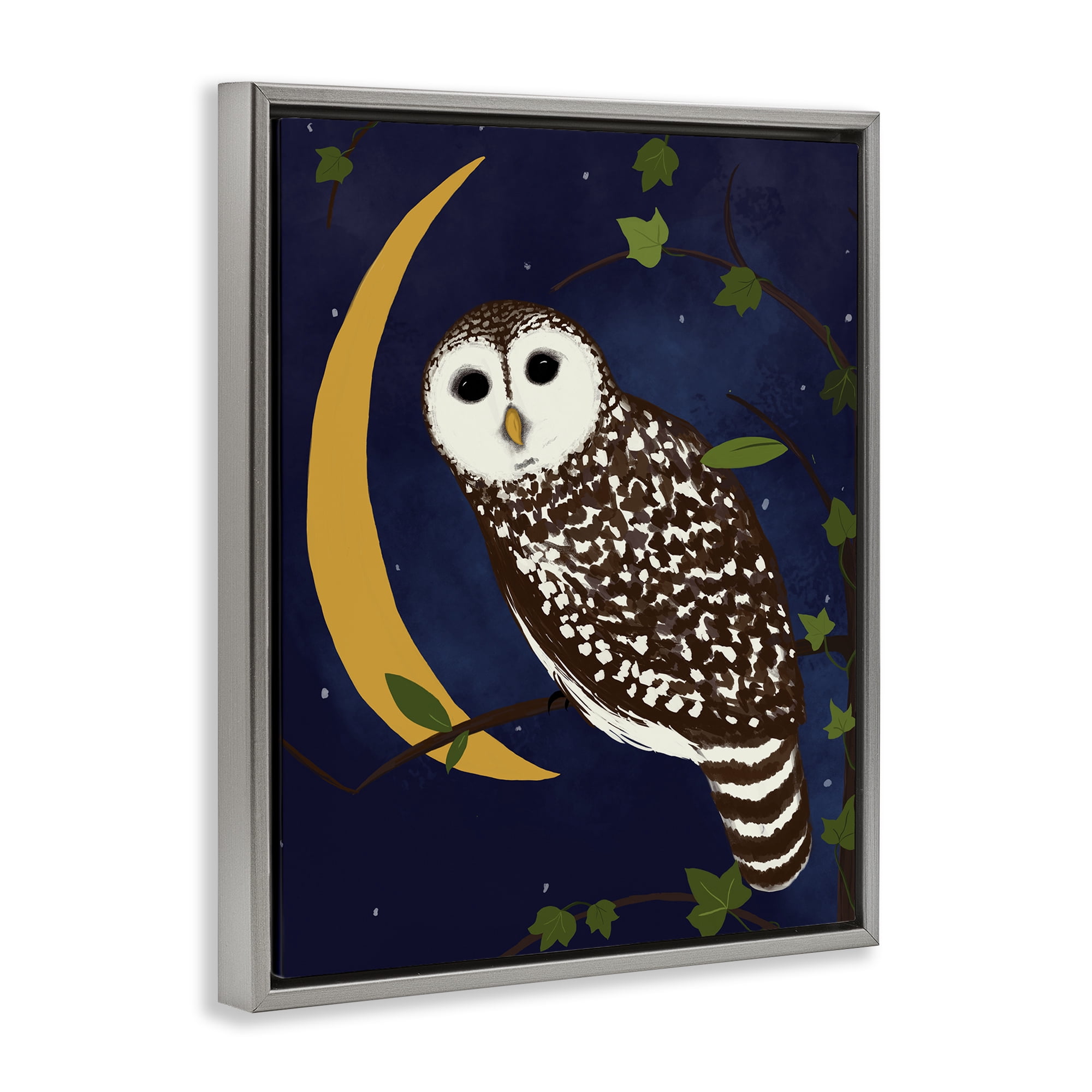 Stupell Industries Owl & Moon Forest Animals Painting Gray Floater Framed Canvas Art Print Wall Art, 25 x 31