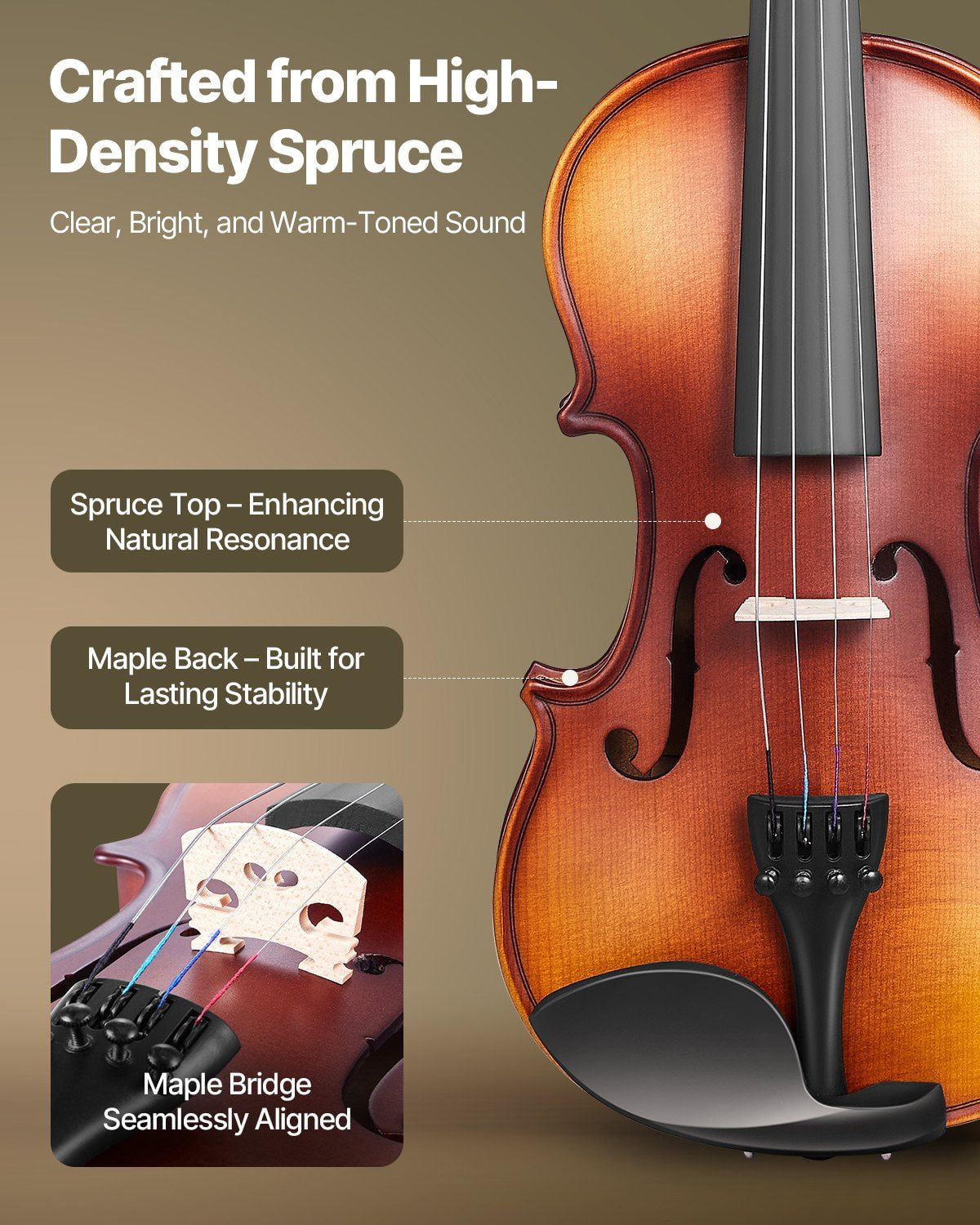 CAFORKP 1/4 Size Complete Solid Wood Violin Starter Set -  Includes Case & Rosin, Elegant Brown Finish, Best Choice for New Players