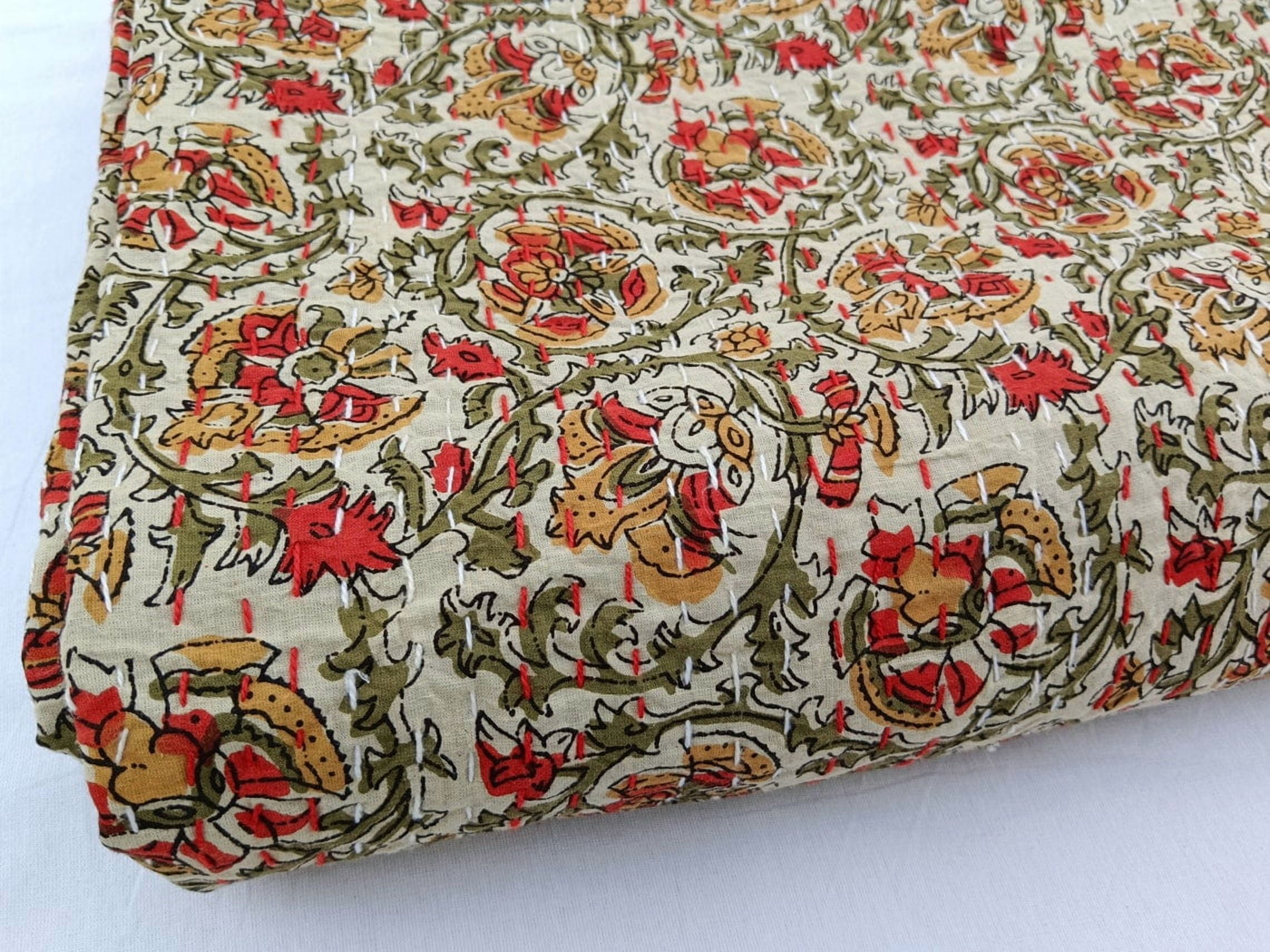Floral Kantha Quilt Handblock Print floral Kantha Indian Netural Colour Indian inspired Bedding Hand Stitched Rural Quilted Bedding Quilt A And E Textiles House